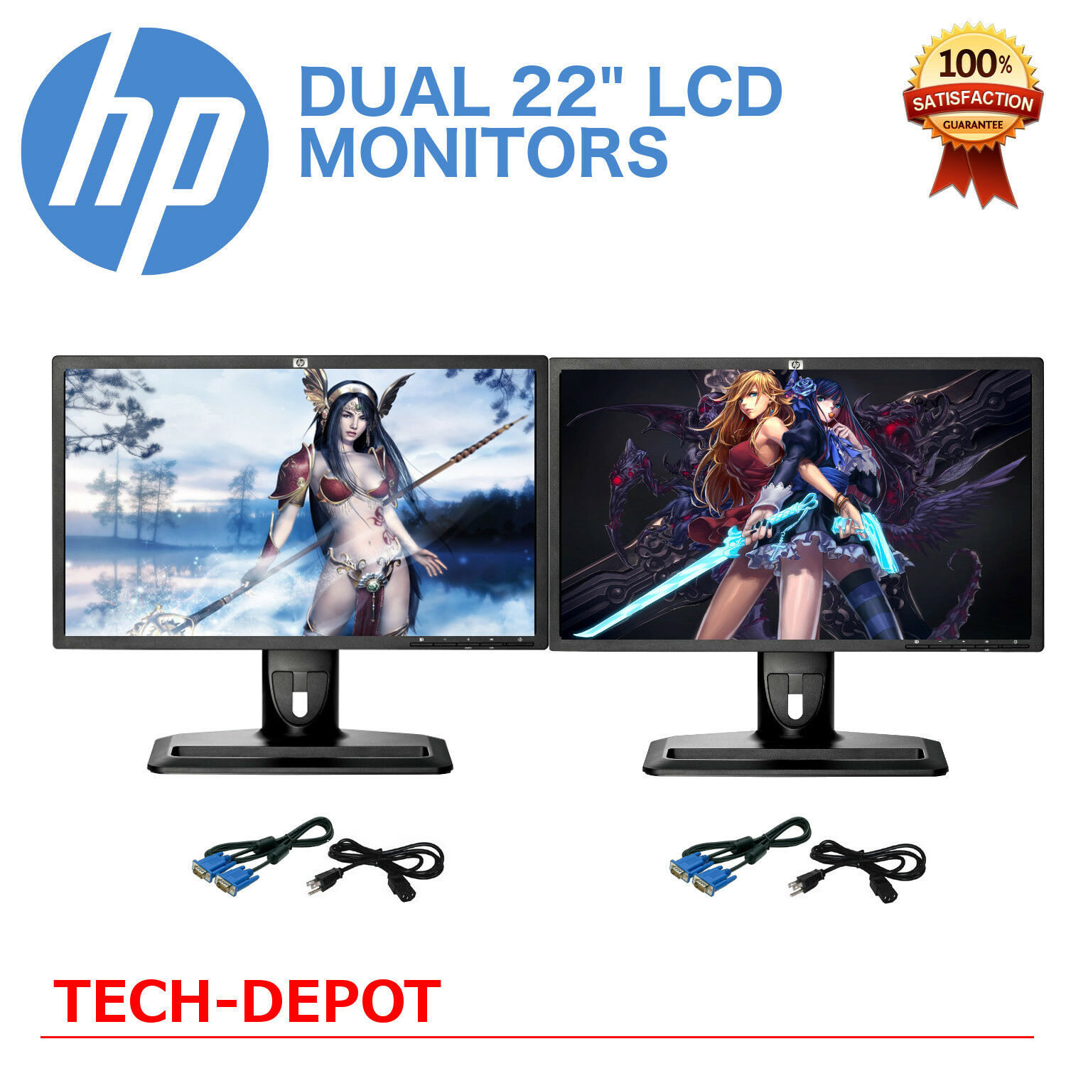 Dual Matching 22" Widescreen Lcd Monitors W/ Cables Gaming / Office - Low Price